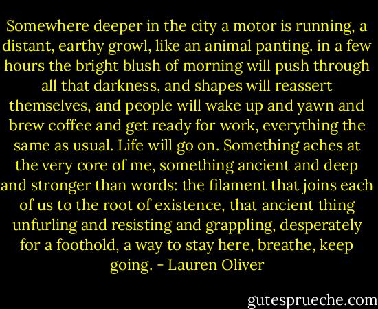 Somewhere deeper in the city a motor is running, a distant, earthy growl, like an animal panting. in a few hours the bright blush of morning will push through all that darkness, and shapes will reassert themselves, and people will wake up and yawn and brew coffee and get ready for work, everything the same as usual. Life will go on. Something aches at the very core of me, something ancient and deep and stronger than words: the filament that joins each of us to the root of existence, that ancient thing unfurling and resisting and grappling, desperately for a foothold, a way to stay here, breathe, keep going. - Lauren Oliver