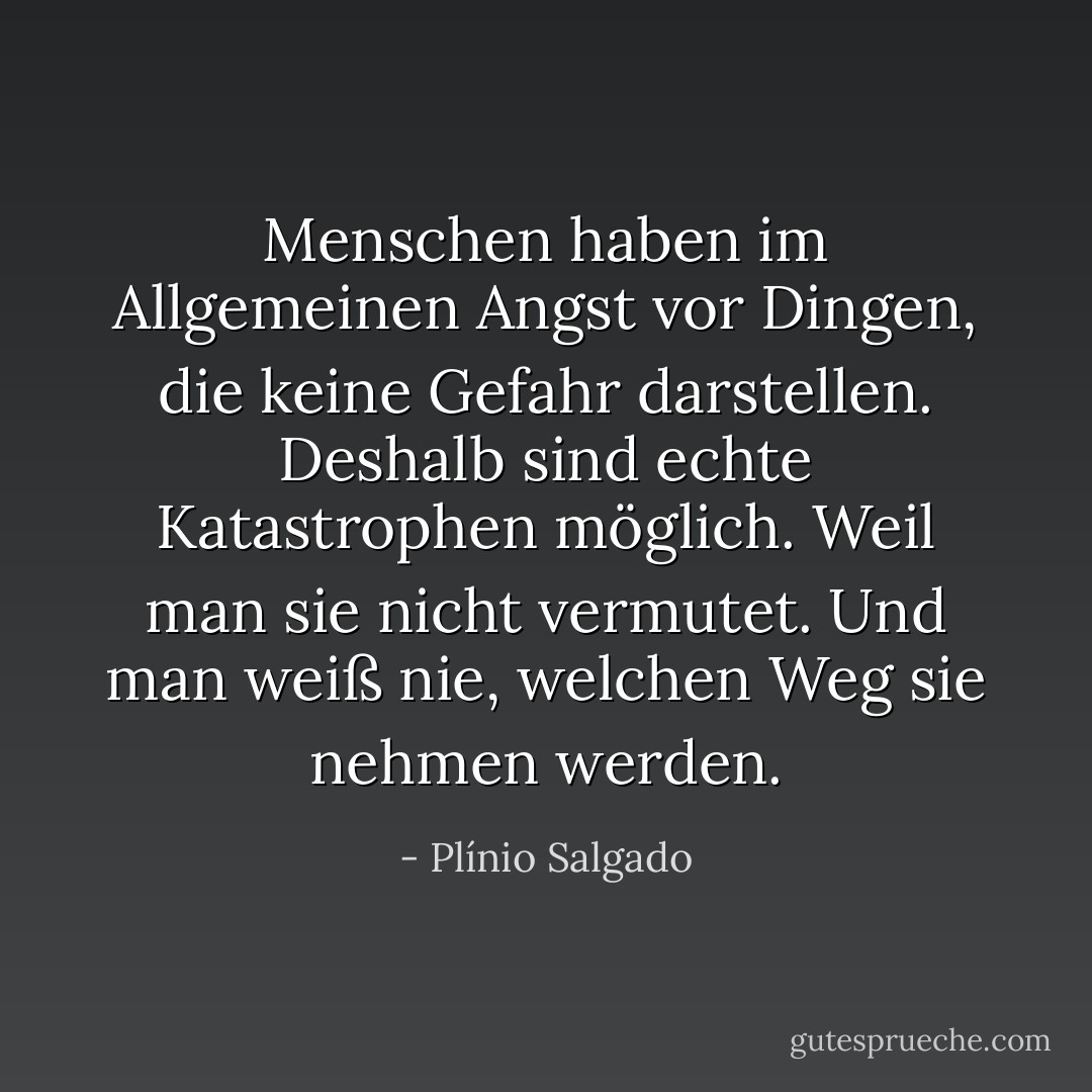 Menschen haben im Allgemeinen Angst vor Dingen, die keine Gefahr darstellen. Deshalb sind echte Katastrophen möglich. Weil man sie nicht vermutet. Und man weiß nie, welchen Weg sie nehmen werden. - Plínio Salgado<
