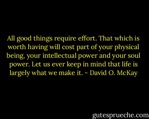 All good things require effort. That which is worth having will cost part of your physical being, your intellectual power and your soul power. Let us ever keep in mind that life is largely what we make it. - David O. McKay