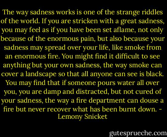 The way sadness works is one of the strange riddles of the world. If you are stricken with a great sadness, you may feel as if you have been set aflame, not only because of the enormous pain, but also because your sadness may spread over your life, like smoke from an enormous fire. You might find it difficult to see anything but your own sadness, the way smoke can cover a landscape so that all anyone can see is black. You may find that if someone pours water all over you, you are damp and distracted, but not cured of your sadness, the way a fire department can douse a fire but never recover what has been burnt down. - Lemony Snicket