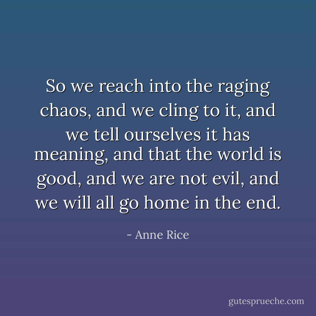 So we reach into the raging chaos, and we cling to it, and we tell ourselves it has meaning, and that the world is good, and we are not evil, and we will all go home in the end. - Anne Rice