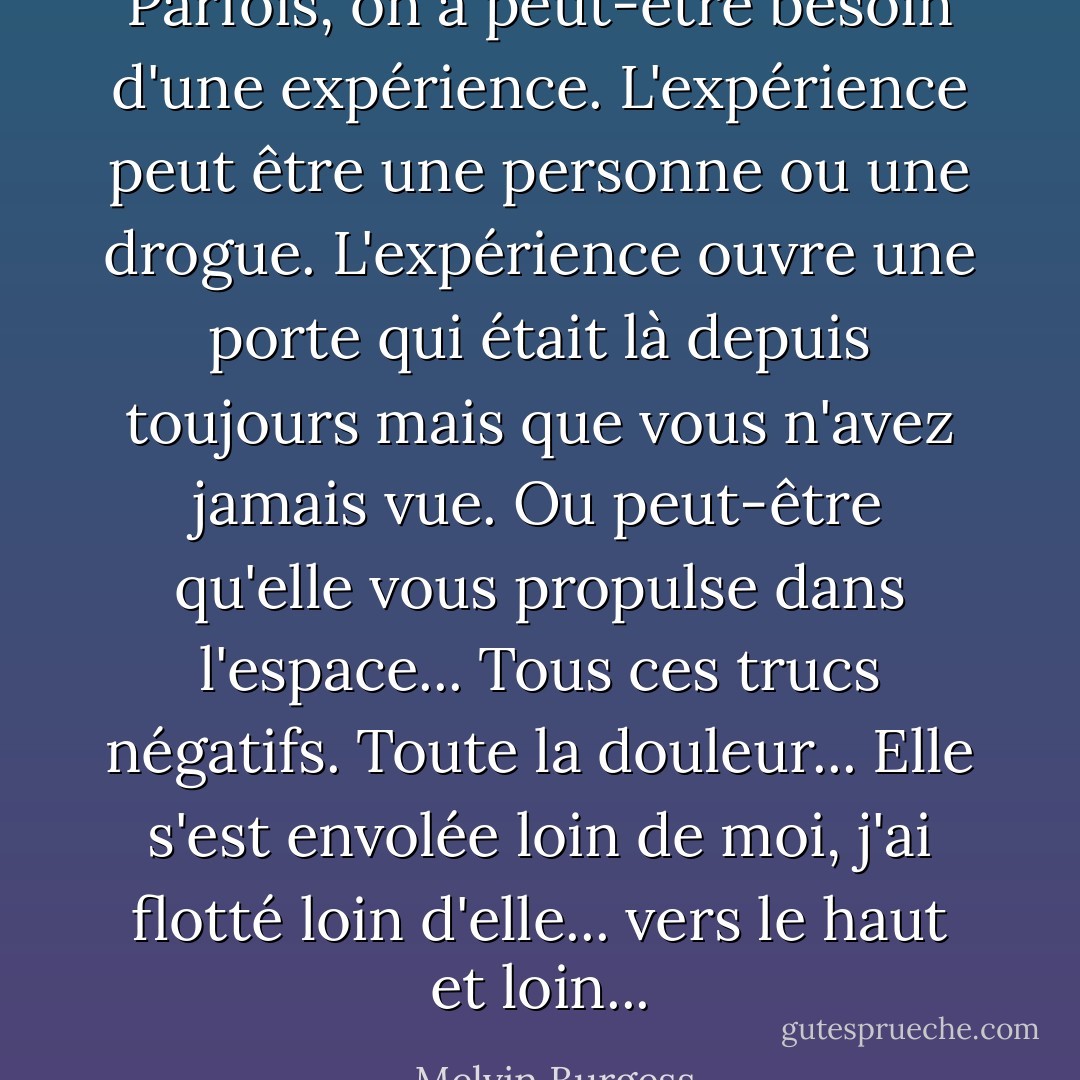 Parfois, on a peut-être besoin d'une expérience. L'expérience peut être une personne ou une drogue. L'expérience ouvre une porte qui était là depuis toujours mais que vous n'avez jamais vue. Ou peut-être qu'elle vous propulse dans l'espace... Tous ces trucs négatifs. Toute la douleur... Elle s'est envolée loin de moi, j'ai flotté loin d'elle... vers le haut et loin... - Melvin Burgess