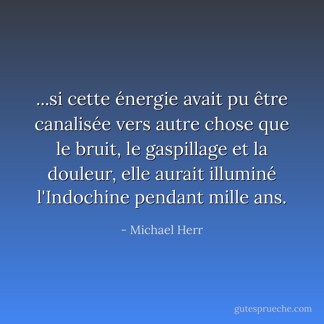 ...si cette énergie avait pu être canalisée vers autre chose que le bruit, le gaspillage et la douleur, elle aurait illuminé l'Indochine pendant mille ans. - Michael Herr