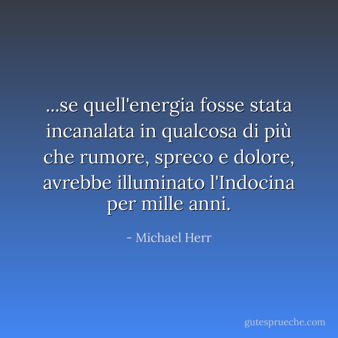 ...se quell'energia fosse stata incanalata in qualcosa di più che rumore, spreco e dolore, avrebbe illuminato l'Indocina per mille anni. - Michael Herr