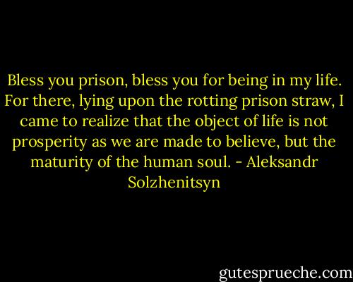 Bless you prison, bless you for being in my life. For there, lying upon the rotting prison straw, I came to realize that the object of life is not prosperity as we are made to believe, but the maturity of the human soul. - Aleksandr Solzhenitsyn