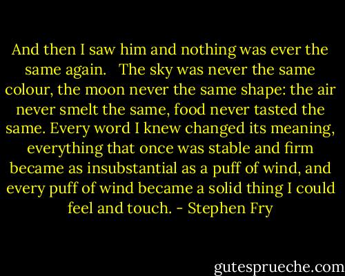 And then I saw him and nothing was ever the same again. <br /><br />The sky was never the same colour, the moon never the same shape: the air never smelt the same, food never tasted the same. Every word I knew changed its meaning, everything that once was stable and firm became as insubstantial as a puff of wind, and every puff of wind became a solid thing I could feel and touch. - Stephen Fry