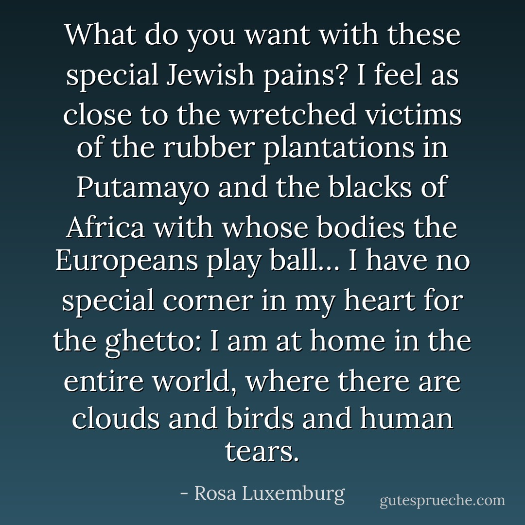 What do you want with these special Jewish pains? I feel as close to the wretched victims of the rubber plantations in Putamayo and the blacks of Africa with whose bodies the Europeans play ball… I have no special corner in my heart for the ghetto: I am at home in the entire world, where there are clouds and birds and human tears. - Rosa Luxemburg