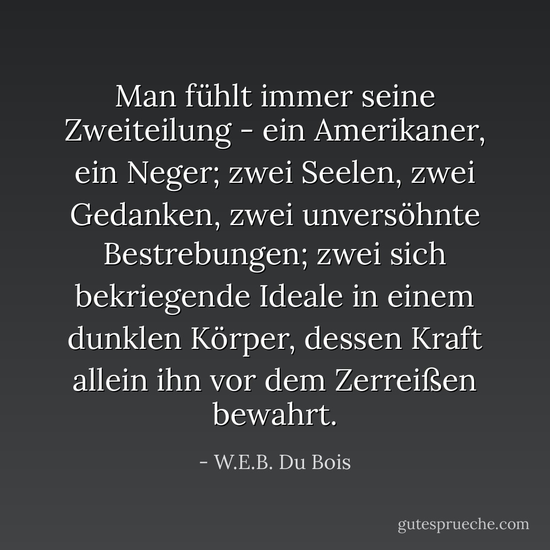 Man fühlt immer seine Zweiteilung - ein Amerikaner, ein Neger; zwei Seelen, zwei Gedanken, zwei unversöhnte Bestrebungen; zwei sich bekriegende Ideale in einem dunklen Körper, dessen Kraft allein ihn vor dem Zerreißen bewahrt. - W.E.B. Du Bois<