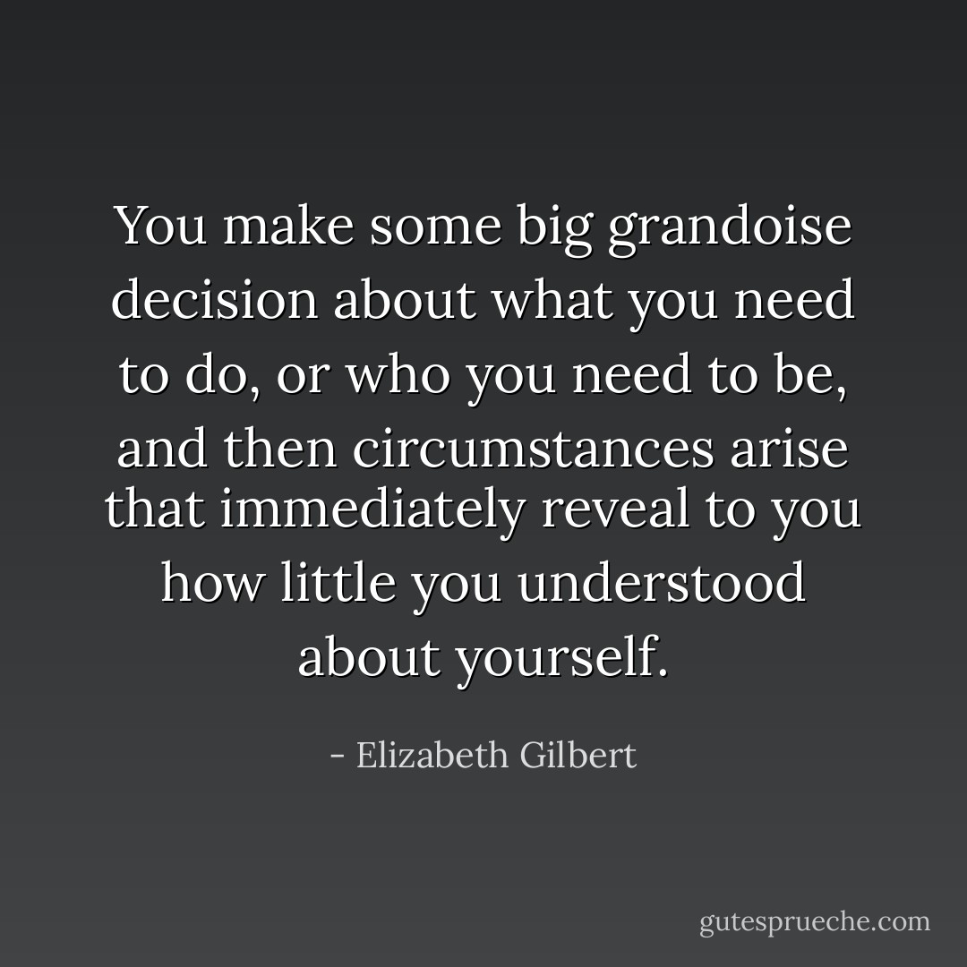 You make some big grandoise decision about what you need to do, or who you need to be, and then circumstances arise that immediately reveal to you how little you understood about yourself. - Elizabeth Gilbert