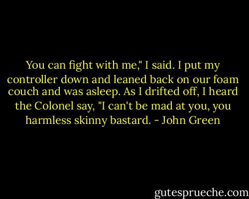You can fight with me," I said. I put my controller down and leaned back on our foam couch and was asleep. As I drifted off, I heard the Colonel say, "I can't be mad at you, you harmless skinny bastard. - John Green