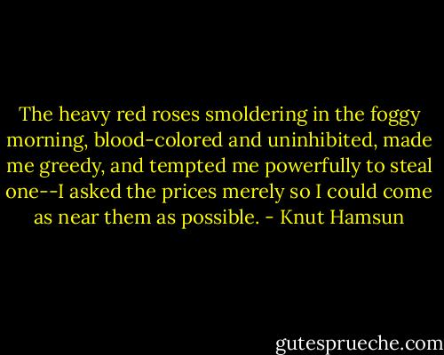 The heavy red roses smoldering in the foggy morning, blood-colored and uninhibited, made me greedy, and tempted me powerfully to steal one--I asked the prices merely so I could come as near them as possible. - Knut Hamsun
