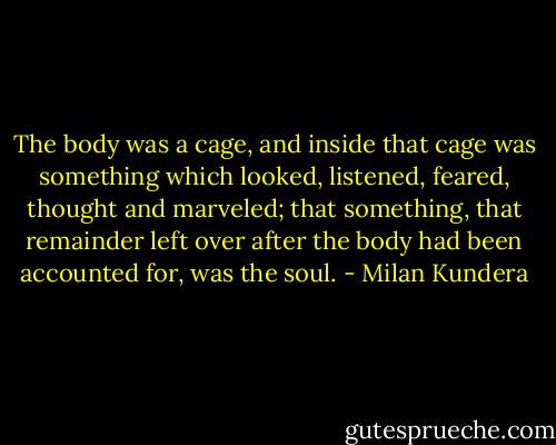 The body was a cage, and inside that cage was something which looked, listened, feared, thought and marveled; that something, that remainder left over after the body had been accounted for, was the soul. - Milan Kundera