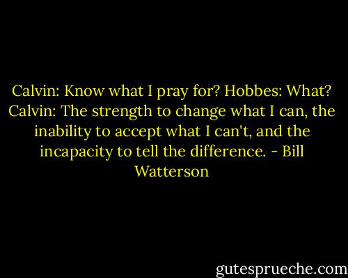 Calvin: Know what I pray for?<br />Hobbes: What?<br />Calvin: The strength to change what I can, the inability to accept what I can't, and the incapacity to tell the difference. - Bill Watterson