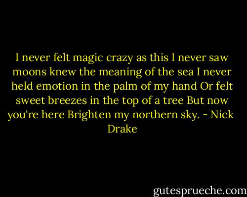 I never felt magic crazy as this<br />I never saw moons knew the meaning of the sea<br />I never held emotion in the palm of my hand<br />Or felt sweet breezes in the top of a tree<br />But now you're here<br />Brighten my northern sky. - Nick  Drake