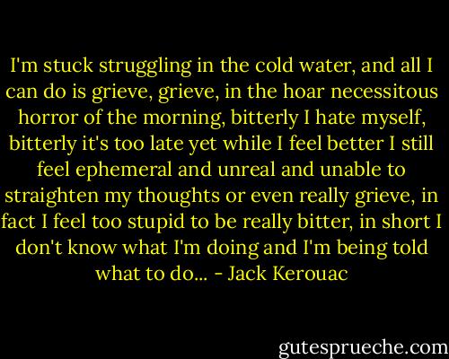 I'm stuck struggling in the cold water, and all I can do is grieve, grieve, in the hoar necessitous horror of the morning, bitterly I hate myself, bitterly it's too late yet while I feel better I still feel ephemeral and unreal and unable to straighten my thoughts or even really grieve, in fact I feel too stupid to be really bitter, in short I don't know what I'm doing and I'm being told what to do... - Jack Kerouac