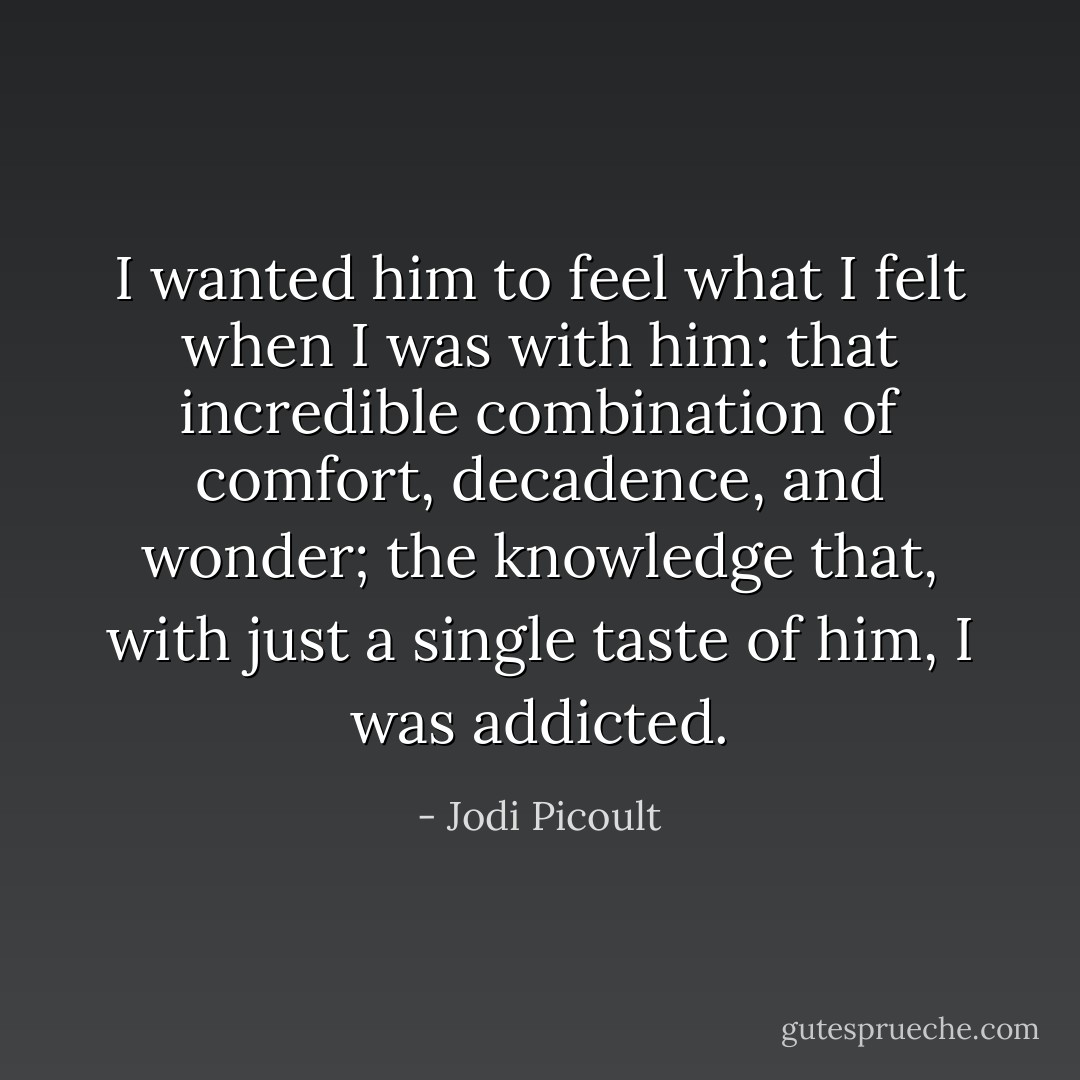 I wanted him to feel what I felt when I was with him: that incredible combination of comfort, decadence, and wonder; the knowledge that, with just a single taste of him, I was addicted. - Jodi Picoult