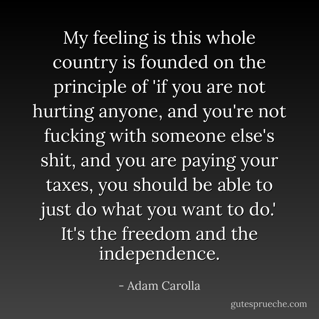 My feeling is this whole country is founded on the principle of 'if you are not hurting anyone, and you're not fucking with someone else's shit, and you are paying your taxes, you should be able to just do what you want to do.' It's the freedom and the independence. - Adam Carolla