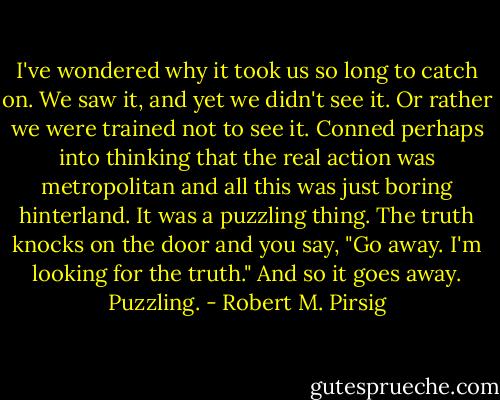 I've wondered why it took us so long to catch on. We saw it, and yet we didn't see it. Or rather we were trained not to see it. Conned perhaps into thinking that the real action was metropolitan and all this was just boring hinterland. It was a puzzling thing. The truth knocks on the door and you say, "Go away. I'm looking for the truth." And so it goes away. Puzzling. - Robert M. Pirsig