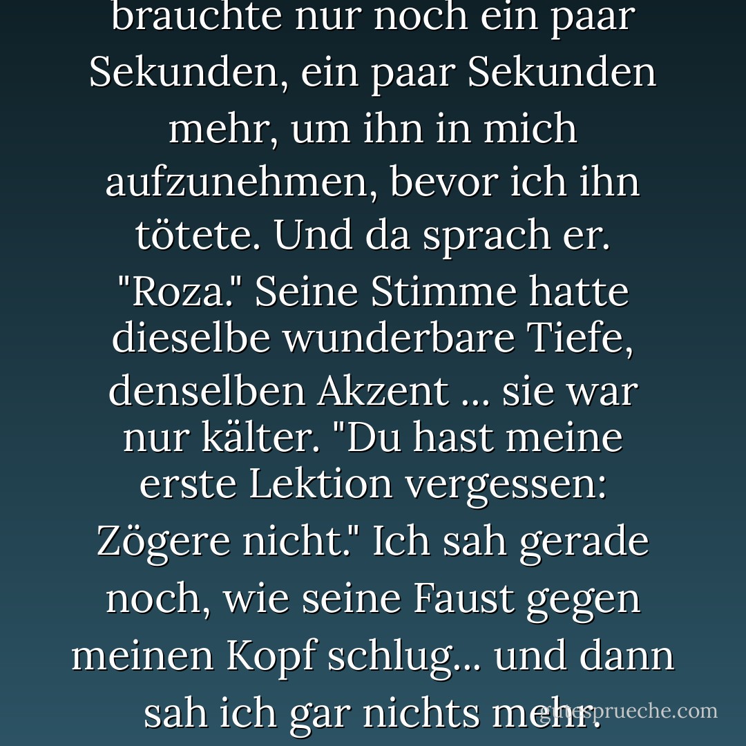 Das konnte ich nicht. Ich brauchte nur noch ein paar Sekunden, ein paar Sekunden mehr, um ihn in mich aufzunehmen, bevor ich ihn tötete. Und da sprach er.<br />"Roza." Seine Stimme hatte dieselbe wunderbare Tiefe, denselben Akzent ... sie war nur kälter. "Du hast meine erste Lektion vergessen: Zögere nicht."<br />Ich sah gerade noch, wie seine Faust gegen meinen Kopf schlug... und dann sah ich gar nichts mehr. - Richelle Mead<
