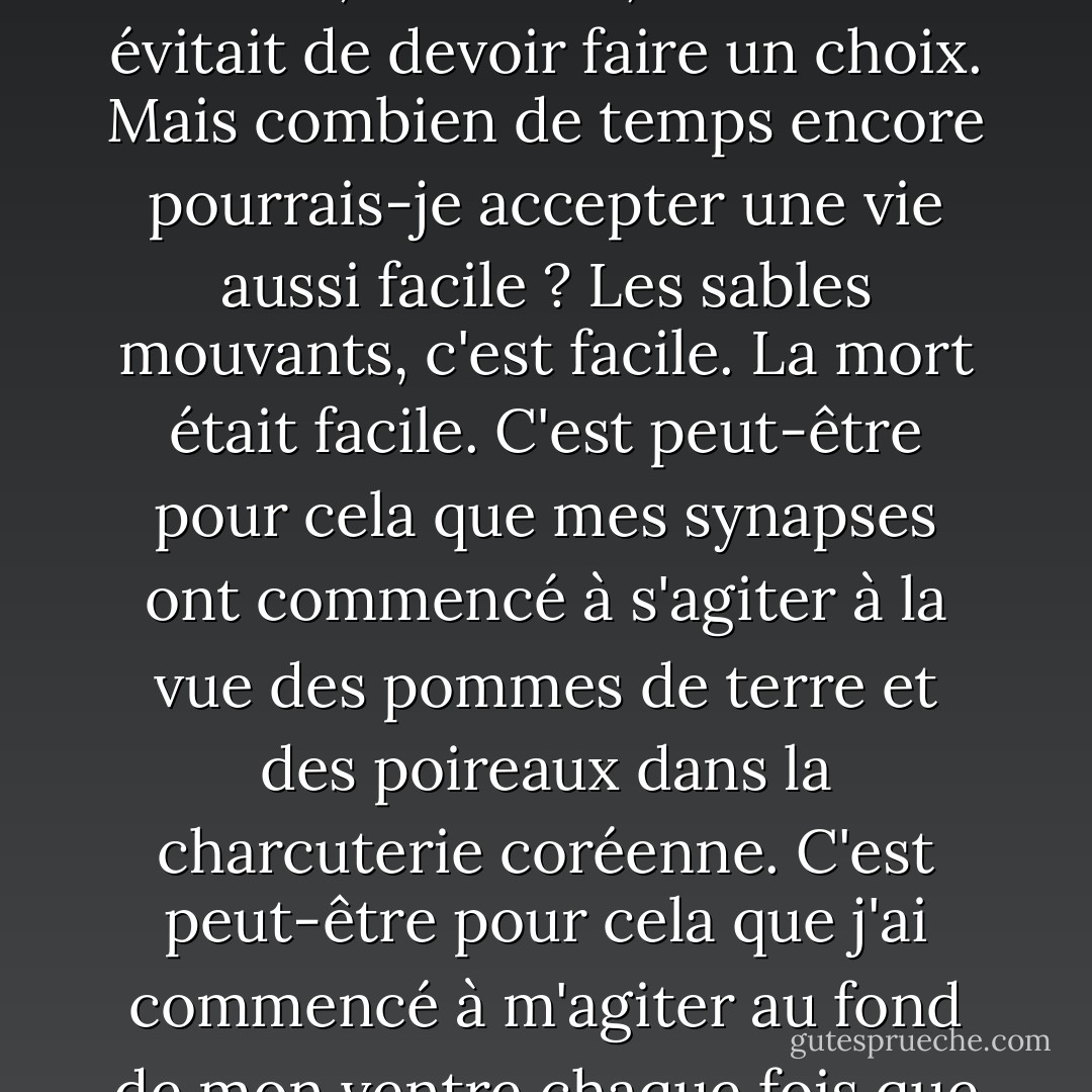 ... J'ai commencé à réfléchir ; cette vie que nous avions pour nous, Eric et moi, elle ressemblait à l'opposé de Potage Parmentier. C'était assez facile de continuer à faire des boulots qui nous sapaient l'âme ; au moins, cela nous évitait de devoir faire un choix. Mais combien de temps encore pourrais-je accepter une vie aussi facile ? Les sables mouvants, c'est facile. La mort était facile. C'est peut-être pour cela que mes synapses ont commencé à s'agiter à la vue des pommes de terre et des poireaux dans la charcuterie coréenne. C'est peut-être pour cela que j'ai commencé à m'agiter au fond de mon ventre chaque fois que j'ai pensé au livre de Julia Child. Peut-être avais-je besoin de faire comme une pomme de terre, de me vider, de faire partie de quelque chose qui n'était pas facile, mais simple. - Julie Powell