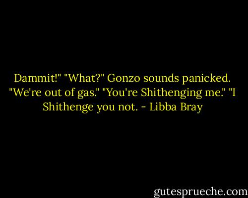 Dammit!"<br />"What?" Gonzo sounds panicked.<br />"We're out of gas."<br />"You're Shithenging me."<br />"I Shithenge you not. - Libba Bray