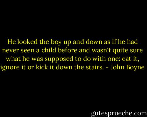 He looked the boy up and down as if he had never seen a child before and wasn't quite sure what he was supposed to do with one: eat it, ignore it or kick it down the stairs. - John Boyne
