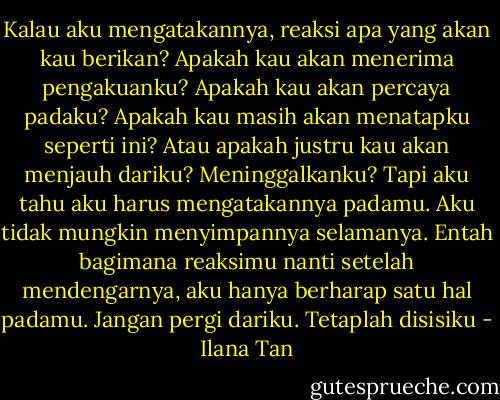 Kalau aku mengatakannya, reaksi apa yang akan kau berikan? Apakah kau akan menerima pengakuanku? Apakah kau akan percaya padaku? Apakah kau masih akan menatapku seperti ini? Atau apakah justru kau akan menjauh dariku? Meninggalkanku? Tapi aku tahu aku harus mengatakannya padamu. Aku tidak mungkin menyimpannya selamanya. Entah bagimana reaksimu nanti setelah mendengarnya, aku hanya berharap satu hal padamu. Jangan pergi dariku. Tetaplah disisiku - Ilana Tan