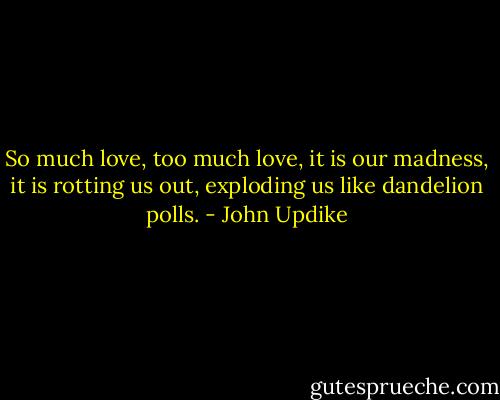 So much love, too much love, it is our madness, it is rotting us out, exploding us like dandelion polls. - John Updike