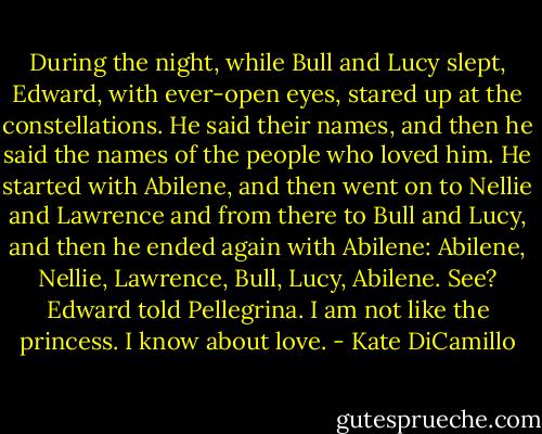 During the night, while Bull and Lucy slept, Edward, with ever-open eyes, stared up at the constellations. He said their names, and then he said the names of the people who loved him. He started with Abilene, and then went on to Nellie and Lawrence and from there to Bull and Lucy, and then he ended again with Abilene: Abilene, Nellie, Lawrence, Bull, Lucy, Abilene.<br />See? Edward told Pellegrina. I am not like the princess. I know about love. - Kate DiCamillo