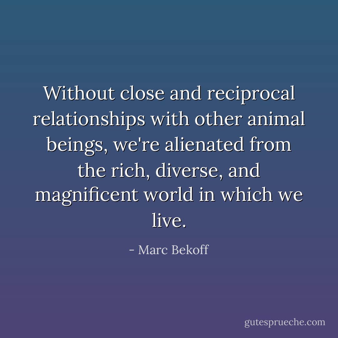 Without close and reciprocal relationships with other animal beings, we're alienated from the rich, diverse, and magnificent world in which we live. - Marc Bekoff