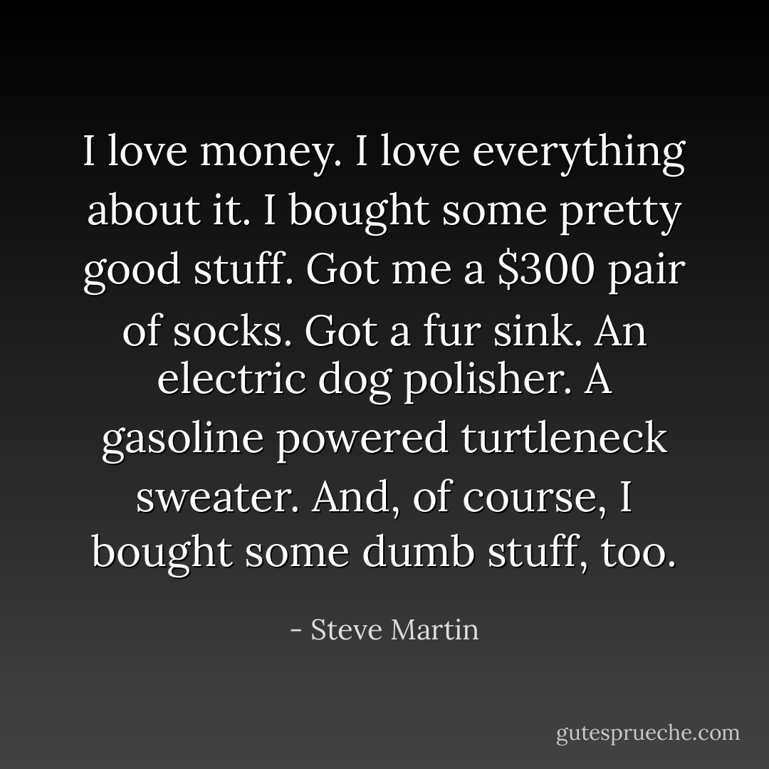 I love money. I love everything about it. I bought some pretty good stuff. Got me a $300 pair of socks. Got a fur sink. An electric dog polisher. A gasoline powered turtleneck sweater. And, of course, I bought some dumb stuff, too. - Steve Martin