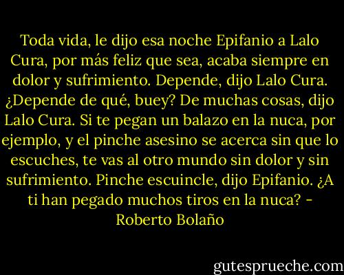 Toda vida, le dijo esa noche Epifanio a Lalo Cura, por más feliz que sea, acaba siempre en dolor y sufrimiento. Depende, dijo Lalo Cura. ¿Depende de qué, buey? De muchas cosas, dijo Lalo Cura. Si te pegan un balazo en la nuca, por ejemplo, y el pinche asesino se acerca sin que lo escuches, te vas al otro mundo sin dolor y sin sufrimiento. Pinche escuincle, dijo Epifanio. ¿A ti han pegado muchos tiros en la nuca? - Roberto Bolaño
