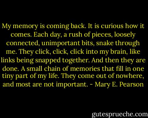 My memory is coming back. It is curious how it comes. Each day, a rush of pieces, loosely connected, unimportant bits, snake through me. They click, click, click into my brain, like links being snapped together. And then they are done. A small chain of memories that fill in one tiny part of my life. They come out of nowhere, and most are not important. - Mary E. Pearson