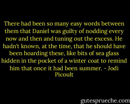 There had been so many easy words between them that Daniel was guilty of nodding every now and then and tuning out the excess. He hadn't known, at the time, that he should have been hoarding these, like bits of sea glass hidden in the pocket of a winter coat to remind him that once it had been summer. - Jodi Picoult