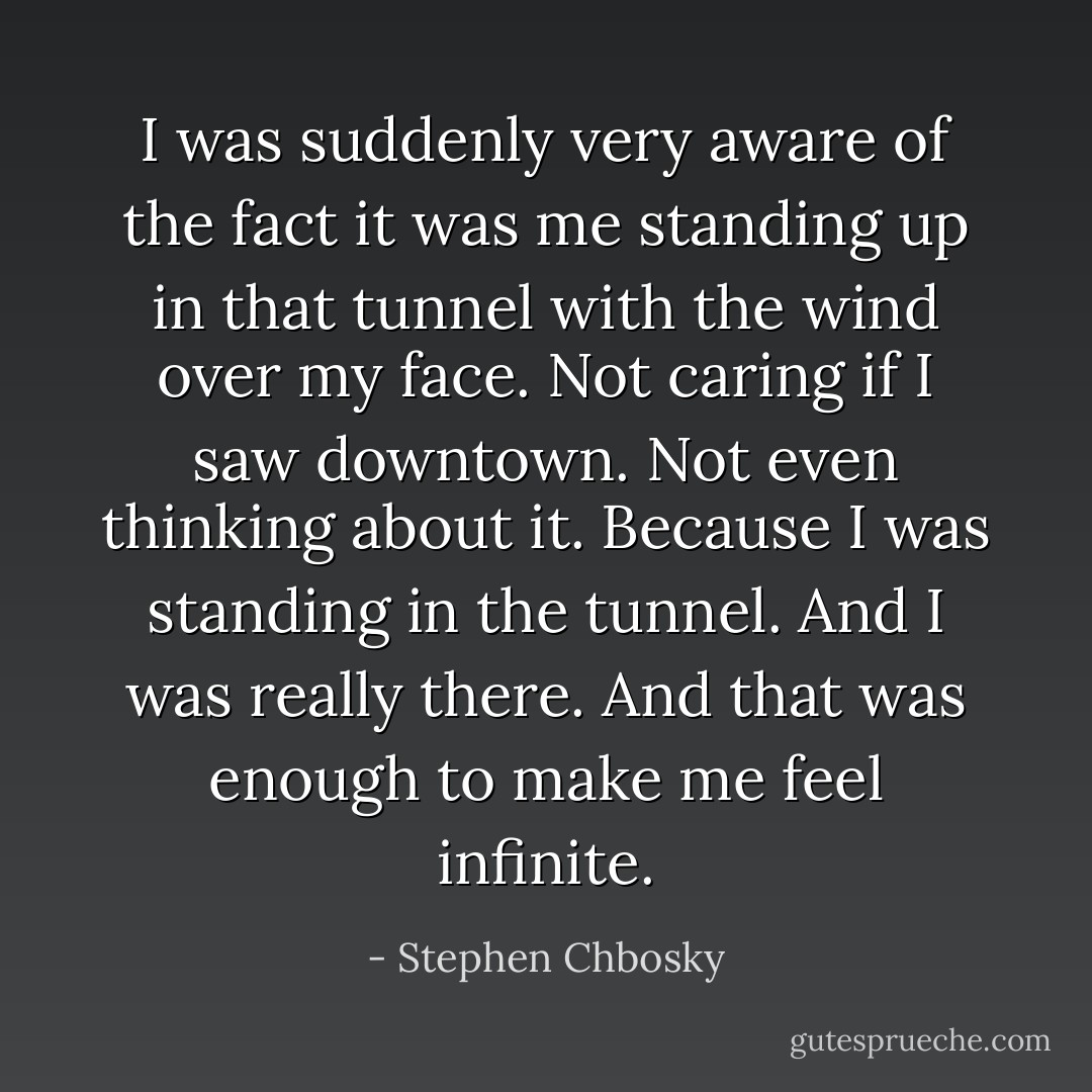 I was suddenly very aware of the fact it was me standing up in that tunnel with the wind over my face. Not caring if I saw downtown. Not even thinking about it. Because I was standing in the tunnel. And I was really there. And that was enough to make me feel infinite. - Stephen Chbosky