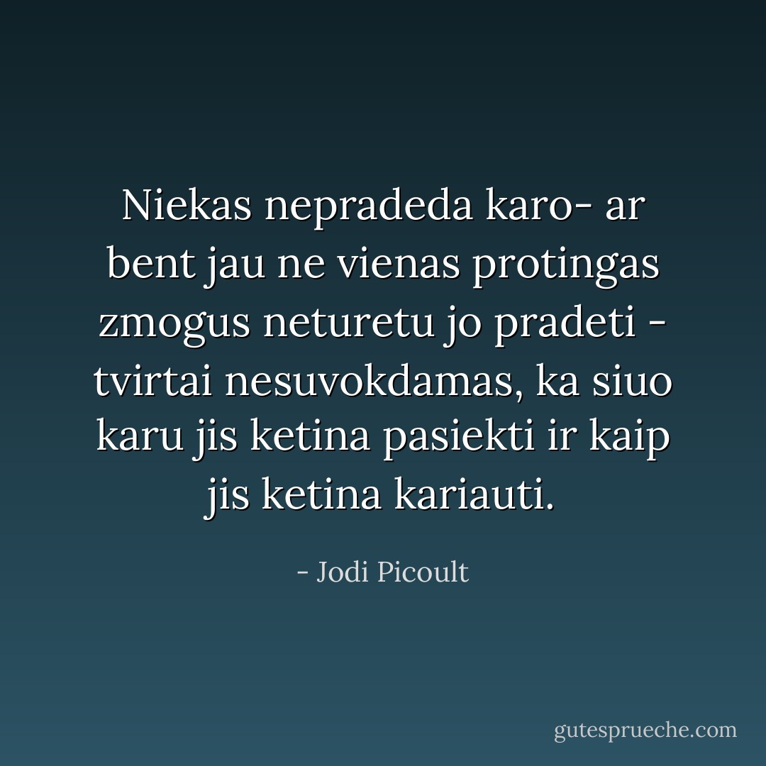 Niekas nepradeda karo- ar bent jau ne vienas protingas zmogus neturetu jo pradeti - tvirtai nesuvokdamas, ka siuo karu jis ketina pasiekti ir kaip jis ketina kariauti. - Jodi Picoult