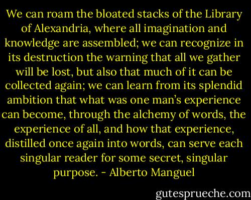 We can roam the bloated stacks of the Library of Alexandria, where all imagination and knowledge are assembled; we can recognize in its destruction the warning that all we gather will be lost, but also that much of it can be collected again; we can learn from its splendid ambition that what was one man’s experience can become, through the alchemy of words, the experience of all, and how that experience, distilled once again into words, can serve each singular reader for some secret, singular purpose. - Alberto Manguel