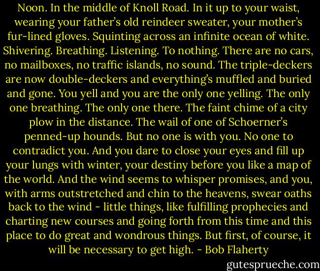 Noon. In the middle of Knoll Road. In it up to your waist, wearing your father’s old reindeer sweater, your mother’s fur-lined gloves. Squinting across an infinite ocean of white. Shivering. Breathing. Listening. To nothing. There are no cars, no mailboxes, no traffic islands, no sound. The triple-deckers are now double-deckers and everything’s muffled and buried and gone. You yell and you are the only one yelling. The only one breathing. The only one there. The faint chime of a city plow in the distance. The wail of one of Schoerner’s penned-up hounds. But no one is with you. No one to contradict you. And you dare to close your eyes and fill up your lungs with winter, your destiny before you like a map of the world. And the wind seems to whisper promises, and you, with arms outstretched and chin to the heavens, swear oaths back to the wind - little things, like fulfilling prophecies and charting new courses and going forth from this time and this place to do great and wondrous things. But first, of course, it will be necessary to get high. - Bob Flaherty