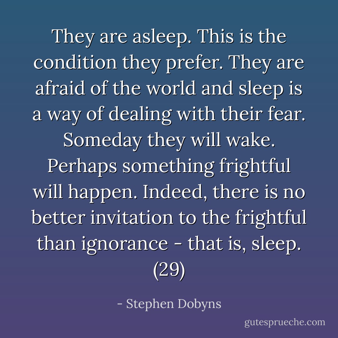 They are asleep. This is the condition they prefer. They are afraid of the world and sleep is a way of dealing with their fear. Someday they will wake. Perhaps something frightful will happen. Indeed, there is no better invitation to the frightful than ignorance - that is, sleep. (29) - Stephen Dobyns