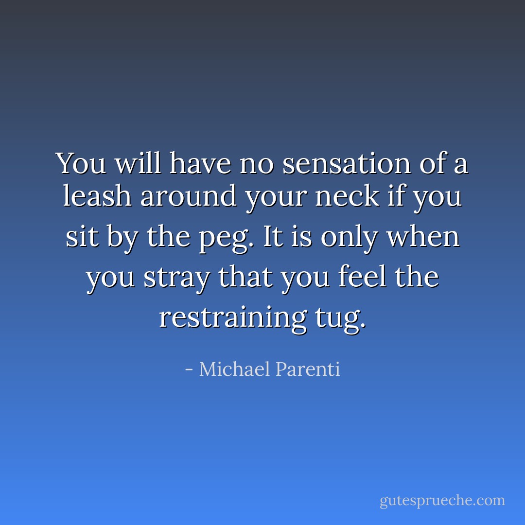 You will have no sensation of a leash around your neck if you sit by the peg. It is only when you stray that you feel the restraining tug. - Michael Parenti
