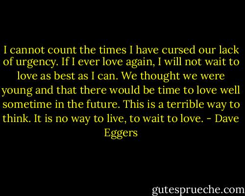 I cannot count the times I have cursed our lack of urgency. If I ever love again, I will not wait to love as best as I can. We thought we were young and that there would be time to love well sometime in the future. This is a terrible way to think. It is no way to live, to wait to love. - Dave Eggers