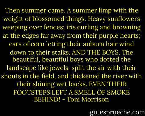 Then summer came. A summer limp with the weight of blossomed things. Heavy sunflowers weeping over fences; iris curling and browning at the edges far away from their purple hearts; ears of corn letting their auburn hair wind down to their stalks. AND THE BOYS. The beautiful, beautiful boys who dotted the landscape like jewels, split the air with their shouts in the field, and thickened the river with their shining wet backs. EVEN THEIR FOOTSTEPS LEFT A SMELL OF SMOKE BEHIND! - Toni Morrison