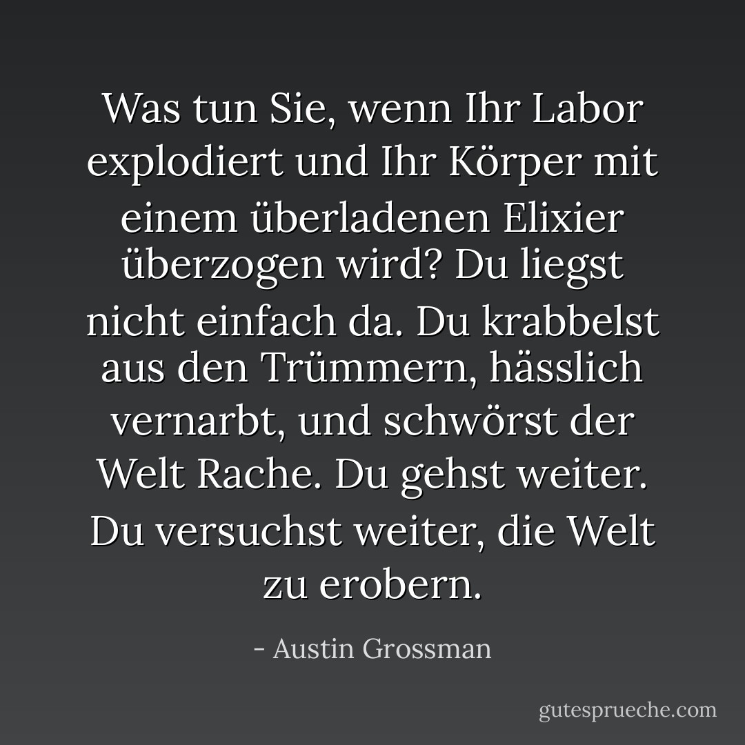 Was tun Sie, wenn Ihr Labor explodiert und Ihr Körper mit einem überladenen Elixier überzogen wird? Du liegst nicht einfach da. Du krabbelst aus den Trümmern, hässlich vernarbt, und schwörst der Welt Rache. Du gehst weiter. Du versuchst weiter, die Welt zu erobern. - Austin Grossman<