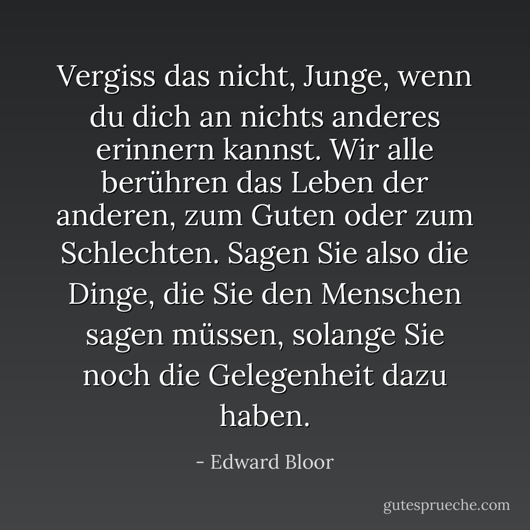 Vergiss das nicht, Junge, wenn du dich an nichts anderes erinnern kannst. Wir alle berühren das Leben der anderen, zum Guten oder zum Schlechten. Sagen Sie also die Dinge, die Sie den Menschen sagen müssen, solange Sie noch die Gelegenheit dazu haben. - Edward Bloor<