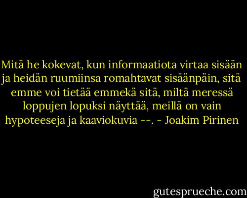 Mitä he kokevat, kun informaatiota virtaa sisään ja heidän ruumiinsa romahtavat sisäänpäin, sitä emme voi tietää emmekä sitä, miltä meressä loppujen lopuksi näyttää, meillä on vain hypoteeseja ja kaaviokuvia --. - Joakim Pirinen