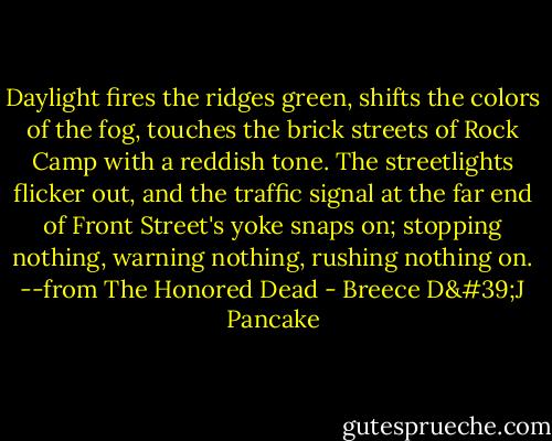Daylight fires the ridges green, shifts the colors of the fog, touches the brick streets of Rock Camp with a reddish tone. The streetlights flicker out, and the traffic signal at the far end of Front Street's yoke snaps on; stopping nothing, warning nothing, rushing nothing on. --from The Honored Dead - Breece D'J Pancake