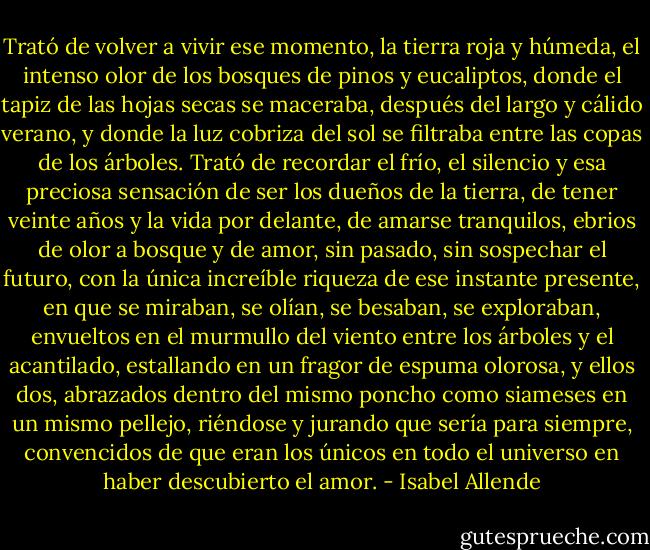 Trató de volver a vivir ese momento, la tierra roja y húmeda, el intenso olor de los bosques de pinos y eucaliptos, donde el tapiz de las hojas secas se maceraba, después del largo y cálido verano, y donde la luz cobriza del sol se filtraba entre las copas de los árboles. Trató de recordar el frío, el silencio y esa preciosa sensación de ser los dueños de la tierra, de tener veinte años y la vida por delante, de amarse tranquilos, ebrios de olor a bosque y de amor, sin pasado, sin sospechar el futuro, con la única increíble riqueza de ese instante presente, en que se miraban, se olían, se besaban, se exploraban, envueltos en el murmullo del viento entre los árboles y el acantilado, estallando en un fragor de espuma olorosa, y ellos dos, abrazados dentro del mismo poncho como siameses en un mismo pellejo, riéndose y jurando que sería para siempre, convencidos de que eran los únicos en todo el universo en haber descubierto el amor. - Isabel Allende