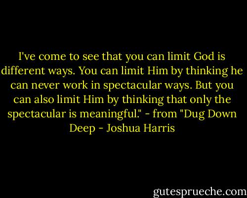 I've come to see that you can limit God is different ways. You can limit Him by thinking he can never work in spectacular ways. But you can also limit Him by thinking that only the spectacular is meaningful."<br />- from "Dug Down Deep - Joshua Harris
