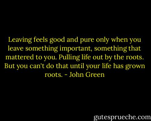 Leaving feels good and pure only when you leave something important, something that mattered to you. Pulling life out by the roots. But you can't do that until your life has grown roots. - John Green
