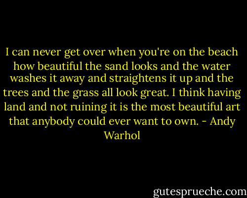 I can never get over when you're on the beach how beautiful the sand looks and the water washes it away and straightens it up and the trees and the grass all look great. I think having land and not ruining it is the most beautiful art that anybody could ever want to own. - Andy Warhol